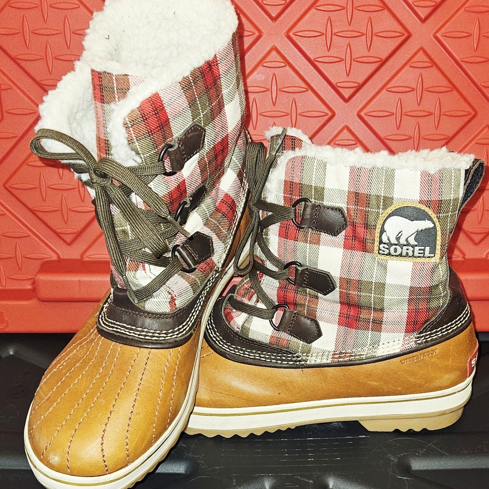 Sorel Plaid Winter Boots with Faux Fur Lining